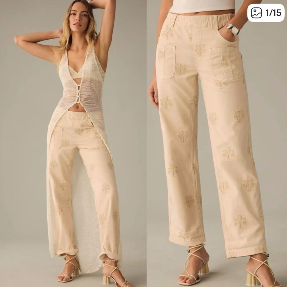 Anthropologie Pilcro Rustic Pull On Floral Embroidered Pants Neutral Size Small